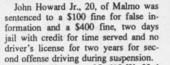 John Howard Jr.-Drivers License Supension Fremont Tribune 13 Jul 1996 page 3